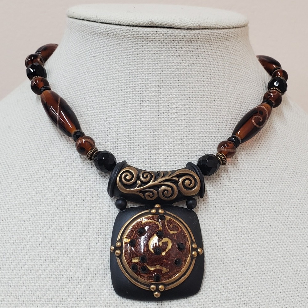 Vintage Chicos Glass Bead Choker Necklace Boho Statement Bohemian Earthy